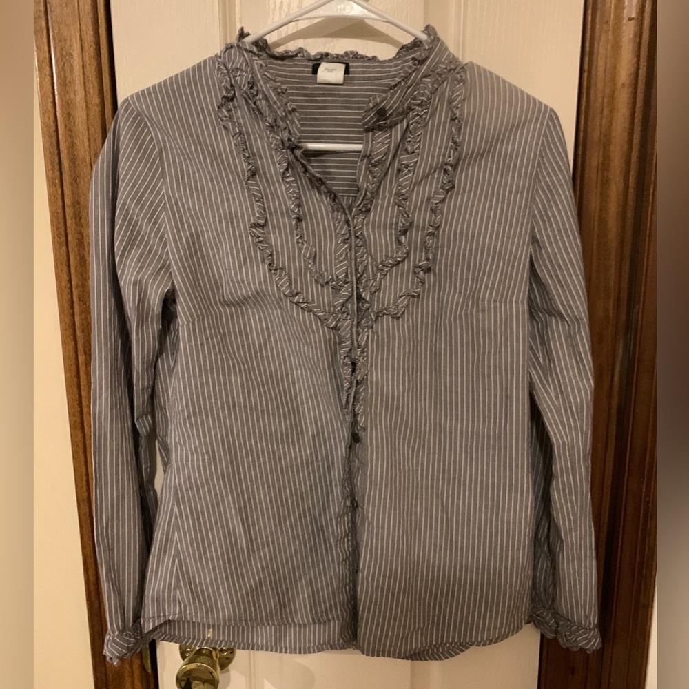 J Crew grey and white striped ruffle button down top, size small